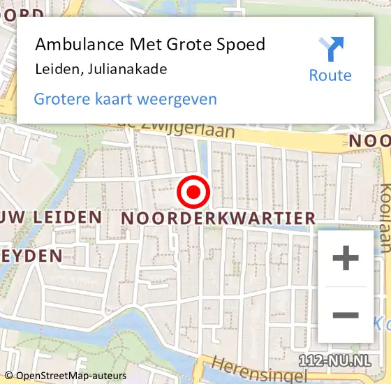 Locatie op kaart van de 112 melding: Ambulance Met Grote Spoed Naar Leiden, Julianakade op 2 oktober 2024 17:04