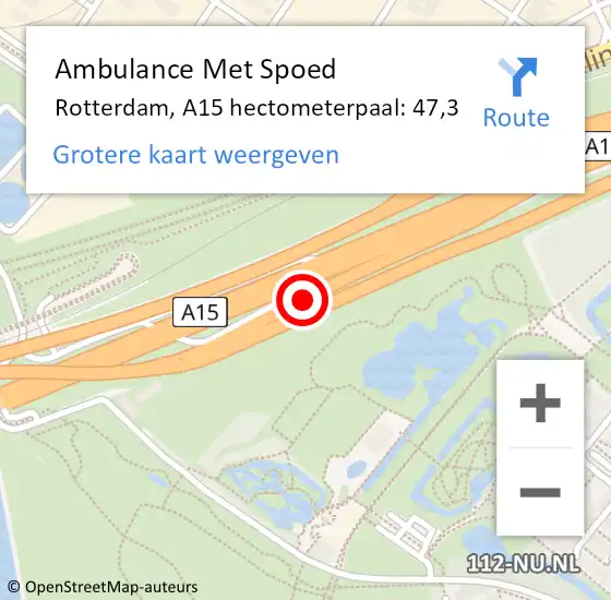 Locatie op kaart van de 112 melding: Ambulance Met Spoed Naar Rotterdam, A15 hectometerpaal: 47,3 op 2 oktober 2024 17:10