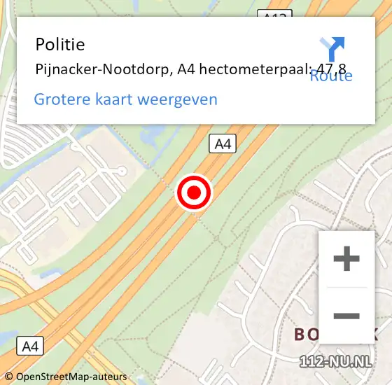 Locatie op kaart van de 112 melding: Politie Pijnacker-Nootdorp, A4 hectometerpaal: 47,8 op 2 oktober 2024 17:29