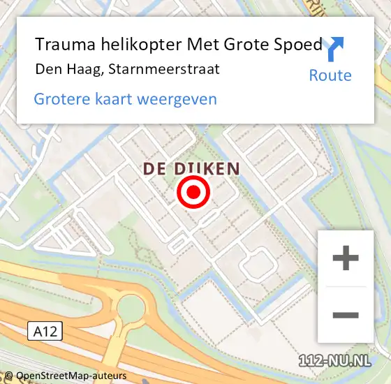 Locatie op kaart van de 112 melding: Trauma helikopter Met Grote Spoed Naar Den Haag, Starnmeerstraat op 2 oktober 2024 17:40