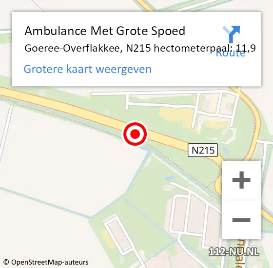 Locatie op kaart van de 112 melding: Ambulance Met Grote Spoed Naar Goeree-Overflakkee, N215 hectometerpaal: 11,9 op 2 oktober 2024 20:54