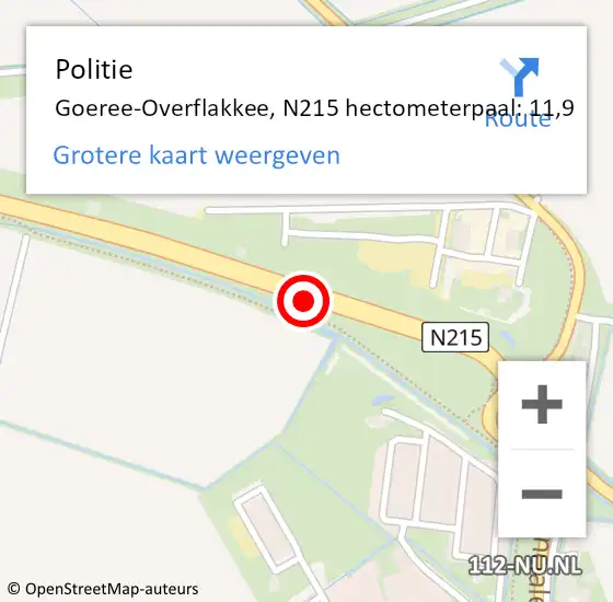 Locatie op kaart van de 112 melding: Politie Goeree-Overflakkee, N215 hectometerpaal: 11,9 op 2 oktober 2024 20:56