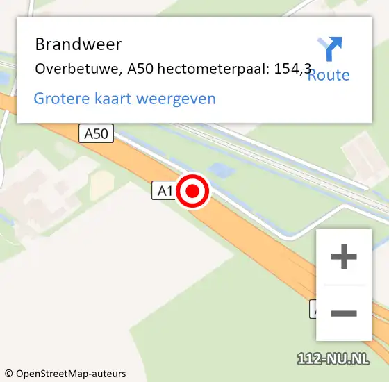 Locatie op kaart van de 112 melding: Brandweer Overbetuwe, A50 hectometerpaal: 154,3 op 2 oktober 2024 22:08