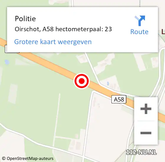 Locatie op kaart van de 112 melding: Politie Oirschot, A58 hectometerpaal: 23 op 3 oktober 2024 01:49