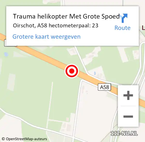 Locatie op kaart van de 112 melding: Trauma helikopter Met Grote Spoed Naar Oirschot, A58 hectometerpaal: 23 op 3 oktober 2024 01:54