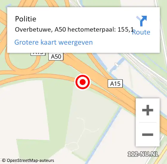 Locatie op kaart van de 112 melding: Politie Overbetuwe, A50 hectometerpaal: 155,1 op 3 oktober 2024 03:28