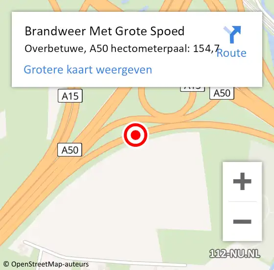 Locatie op kaart van de 112 melding: Brandweer Met Grote Spoed Naar Overbetuwe, A50 hectometerpaal: 154,7 op 3 oktober 2024 03:31