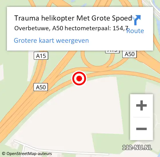 Locatie op kaart van de 112 melding: Trauma helikopter Met Grote Spoed Naar Overbetuwe, A50 hectometerpaal: 154,7 op 3 oktober 2024 03:38