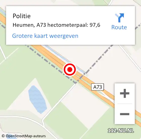 Locatie op kaart van de 112 melding: Politie Heumen, A73 hectometerpaal: 97,6 op 3 oktober 2024 05:13