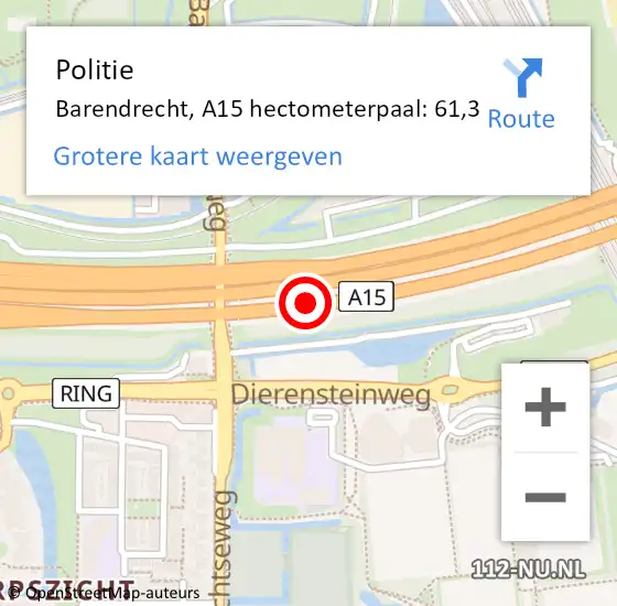 Locatie op kaart van de 112 melding: Politie Barendrecht, A15 hectometerpaal: 61,3 op 3 oktober 2024 06:31