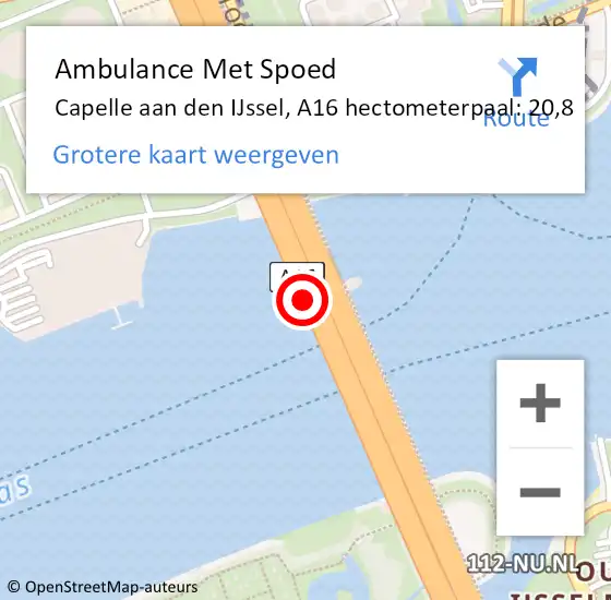 Locatie op kaart van de 112 melding: Ambulance Met Spoed Naar Capelle aan den IJssel, A16 hectometerpaal: 20,8 op 3 oktober 2024 06:32