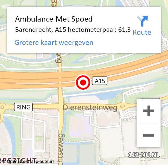 Locatie op kaart van de 112 melding: Ambulance Met Spoed Naar Barendrecht, A15 hectometerpaal: 61,3 op 3 oktober 2024 06:33