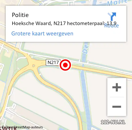 Locatie op kaart van de 112 melding: Politie Hoeksche Waard, N217 hectometerpaal: 13,9 op 3 oktober 2024 08:41