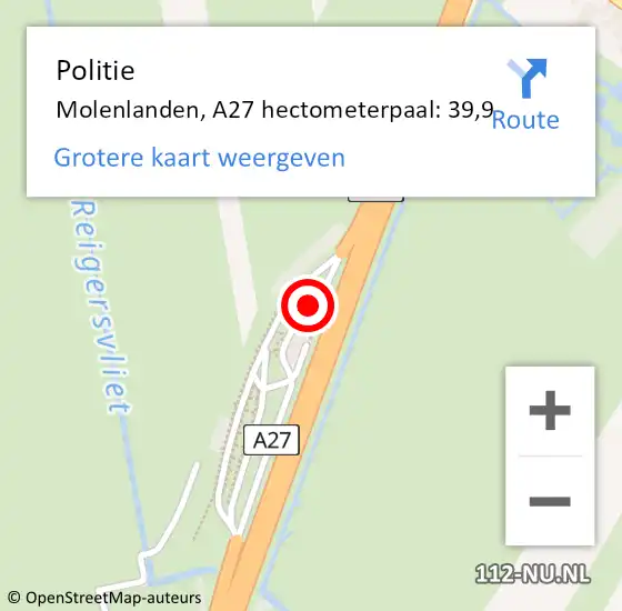 Locatie op kaart van de 112 melding: Politie Molenlanden, A27 hectometerpaal: 39,9 op 3 oktober 2024 10:19