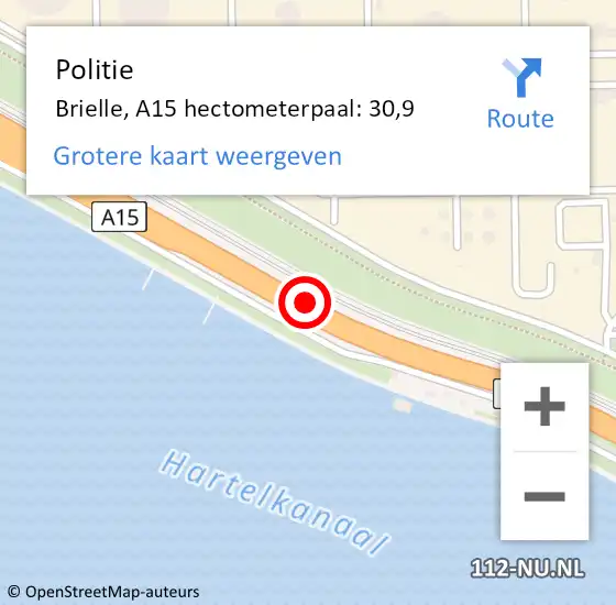 Locatie op kaart van de 112 melding: Politie Brielle, A15 hectometerpaal: 30,9 op 3 oktober 2024 10:54