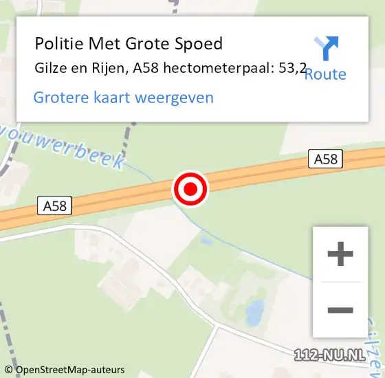 Locatie op kaart van de 112 melding: Politie Met Grote Spoed Naar Gilze en Rijen, A58 hectometerpaal: 53,2 op 3 oktober 2024 11:12