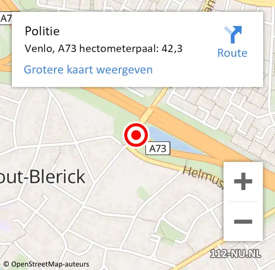 Locatie op kaart van de 112 melding: Politie Venlo, A73 hectometerpaal: 42,3 op 3 oktober 2024 12:14