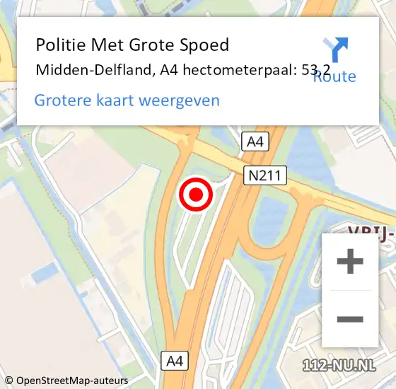 Locatie op kaart van de 112 melding: Politie Met Grote Spoed Naar Midden-Delfland, A4 hectometerpaal: 53,2 op 3 oktober 2024 12:29