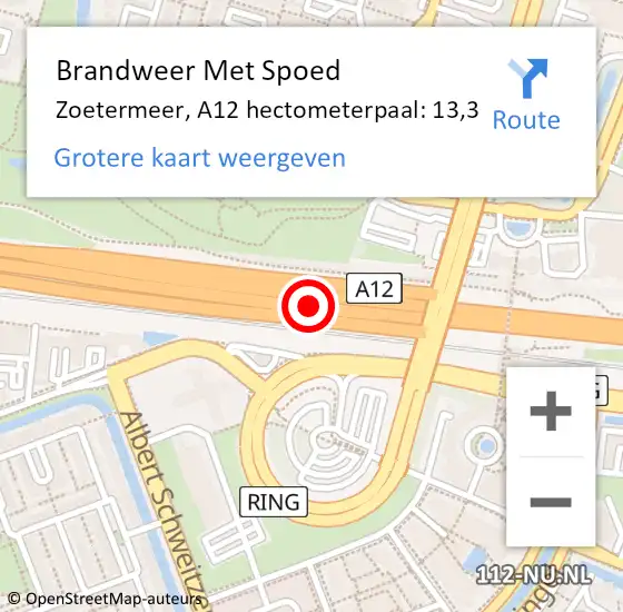 Locatie op kaart van de 112 melding: Brandweer Met Spoed Naar Zoetermeer, A12 hectometerpaal: 13,3 op 3 oktober 2024 12:34