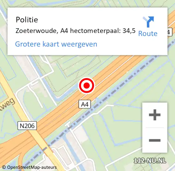 Locatie op kaart van de 112 melding: Politie Zoeterwoude, A4 hectometerpaal: 34,5 op 3 oktober 2024 12:39