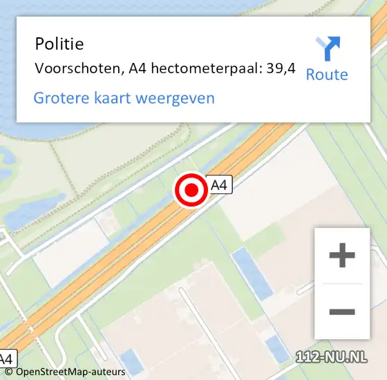 Locatie op kaart van de 112 melding: Politie Voorschoten, A4 hectometerpaal: 39,4 op 3 oktober 2024 13:34