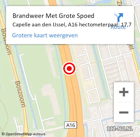 Locatie op kaart van de 112 melding: Brandweer Met Grote Spoed Naar Capelle aan den IJssel, A16 hectometerpaal: 17,7 op 3 oktober 2024 15:08