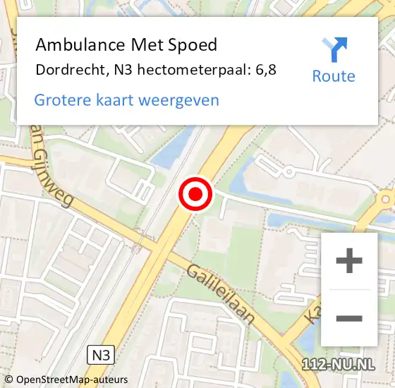 Locatie op kaart van de 112 melding: Ambulance Met Spoed Naar Dordrecht, N3 hectometerpaal: 6,8 op 3 oktober 2024 15:16