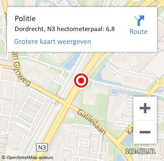 Locatie op kaart van de 112 melding: Politie Dordrecht, N3 hectometerpaal: 6,8 op 3 oktober 2024 15:17