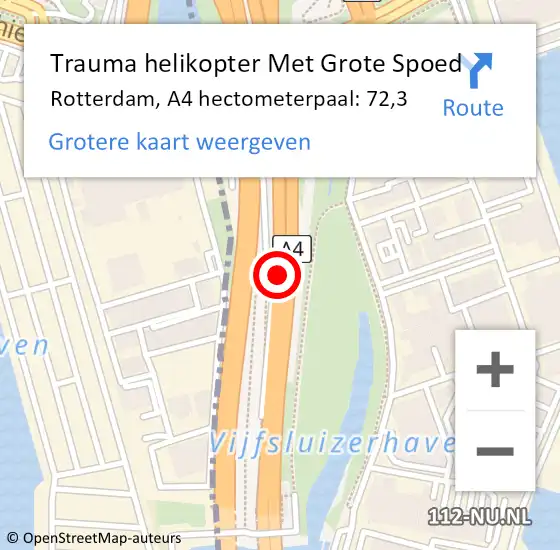 Locatie op kaart van de 112 melding: Trauma helikopter Met Grote Spoed Naar Rotterdam, A4 hectometerpaal: 72,3 op 3 oktober 2024 15:27