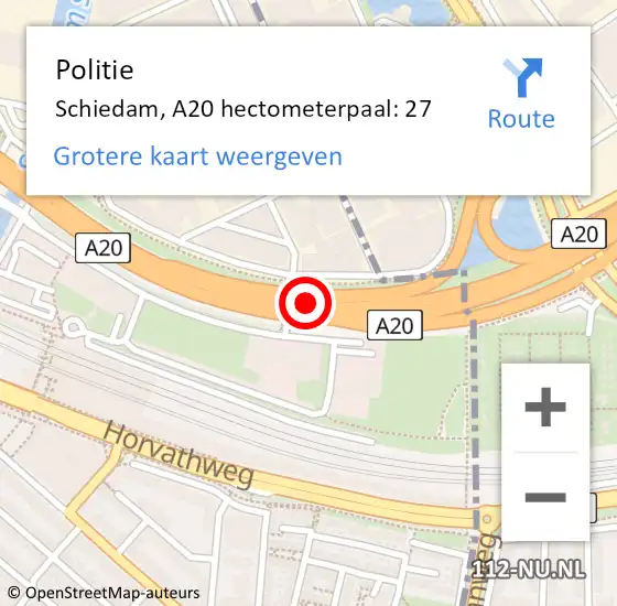 Locatie op kaart van de 112 melding: Politie Schiedam, A20 hectometerpaal: 27 op 3 oktober 2024 15:36