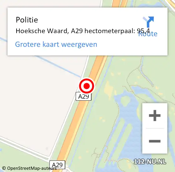 Locatie op kaart van de 112 melding: Politie Hoeksche Waard, A29 hectometerpaal: 95,4 op 3 oktober 2024 15:51