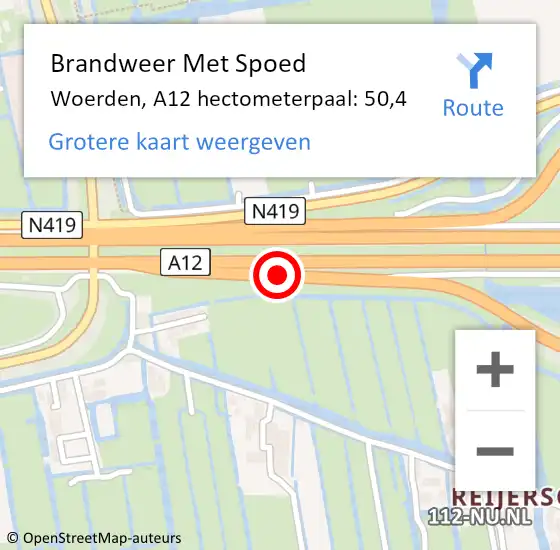 Locatie op kaart van de 112 melding: Brandweer Met Spoed Naar Woerden, A12 hectometerpaal: 50,4 op 3 oktober 2024 16:14