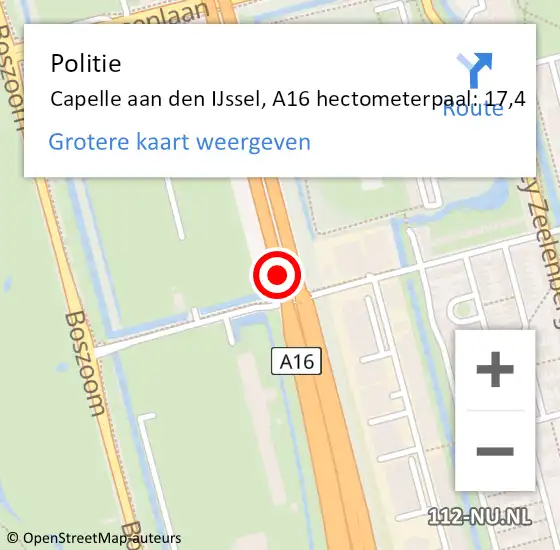 Locatie op kaart van de 112 melding: Politie Capelle aan den IJssel, A16 hectometerpaal: 17,4 op 3 oktober 2024 16:25