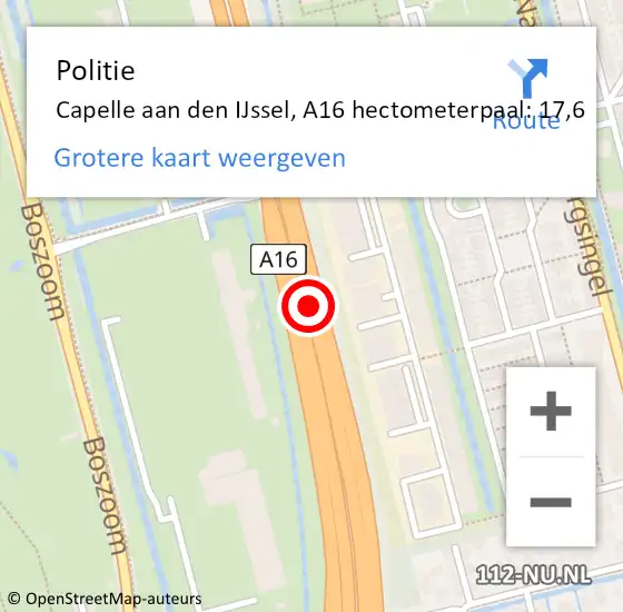 Locatie op kaart van de 112 melding: Politie Capelle aan den IJssel, A16 hectometerpaal: 17,6 op 3 oktober 2024 16:25