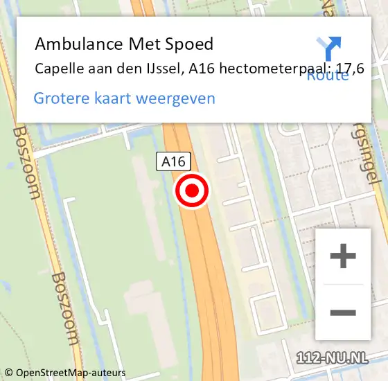 Locatie op kaart van de 112 melding: Ambulance Met Spoed Naar Capelle aan den IJssel, A16 hectometerpaal: 17,6 op 3 oktober 2024 16:27