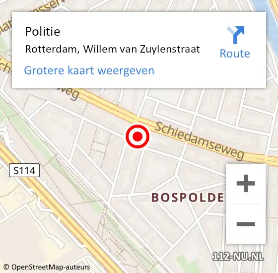 Locatie op kaart van de 112 melding: Politie Rotterdam, Willem van Zuylenstraat op 3 oktober 2024 16:36