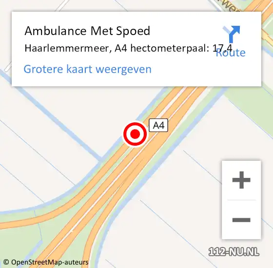 Locatie op kaart van de 112 melding: Ambulance Met Spoed Naar Haarlemmermeer, A4 hectometerpaal: 17,4 op 3 oktober 2024 16:38