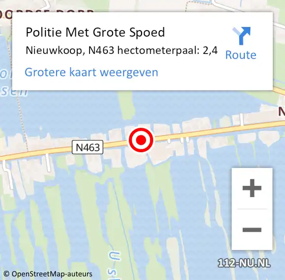 Locatie op kaart van de 112 melding: Politie Met Grote Spoed Naar Nieuwkoop, N463 hectometerpaal: 2,4 op 3 oktober 2024 16:39