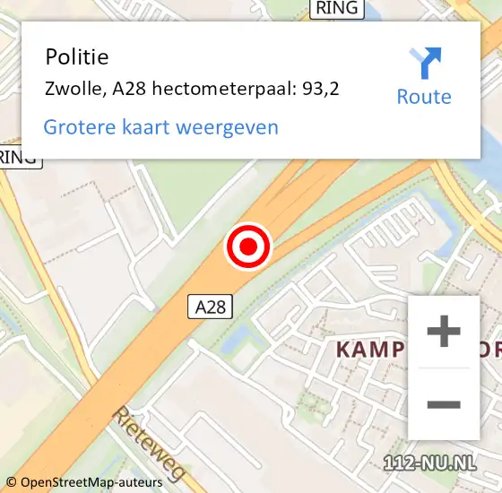 Locatie op kaart van de 112 melding: Politie Zwolle, A28 hectometerpaal: 93,2 op 3 oktober 2024 16:53