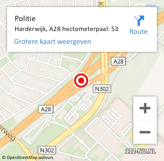 Locatie op kaart van de 112 melding: Politie Harderwijk, A28 hectometerpaal: 53 op 3 oktober 2024 17:00