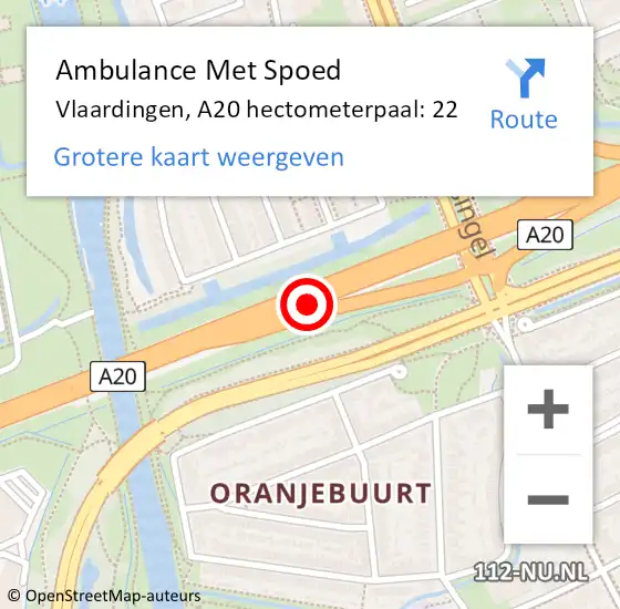 Locatie op kaart van de 112 melding: Ambulance Met Spoed Naar Vlaardingen, A20 hectometerpaal: 22 op 3 oktober 2024 17:00