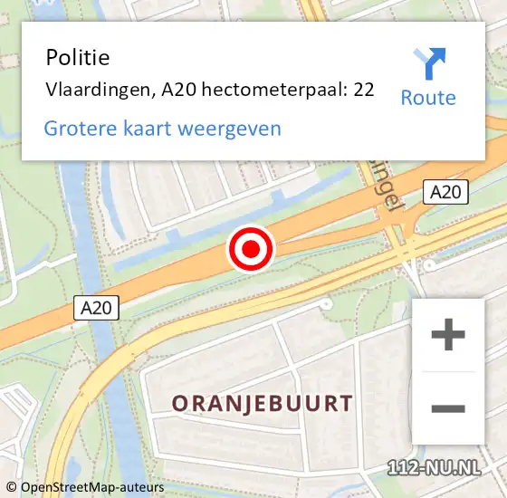 Locatie op kaart van de 112 melding: Politie Vlaardingen, A20 hectometerpaal: 22 op 3 oktober 2024 17:01