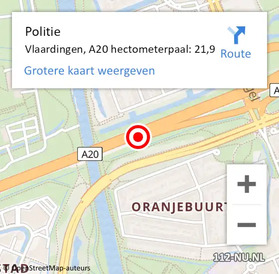 Locatie op kaart van de 112 melding: Politie Vlaardingen, A20 hectometerpaal: 21,9 op 3 oktober 2024 17:01