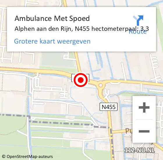 Locatie op kaart van de 112 melding: Ambulance Met Spoed Naar Alphen aan den Rijn, N455 hectometerpaal: 3,3 op 3 oktober 2024 17:57