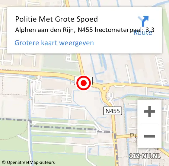 Locatie op kaart van de 112 melding: Politie Met Grote Spoed Naar Alphen aan den Rijn, N455 hectometerpaal: 3,3 op 3 oktober 2024 17:57