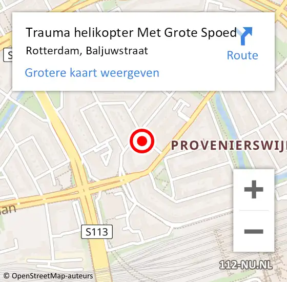 Locatie op kaart van de 112 melding: Trauma helikopter Met Grote Spoed Naar Rotterdam, Baljuwstraat op 3 oktober 2024 19:21