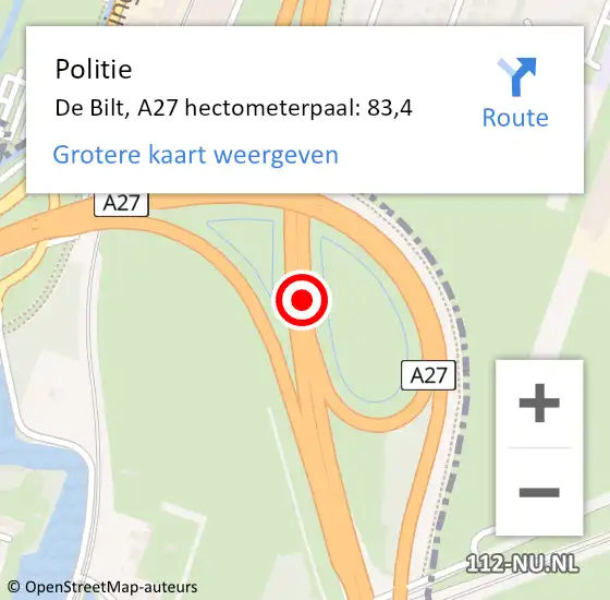 Locatie op kaart van de 112 melding: Politie De Bilt, A27 hectometerpaal: 83,4 op 3 oktober 2024 19:31