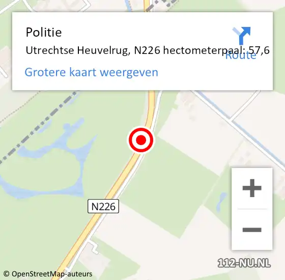 Locatie op kaart van de 112 melding: Politie Utrechtse Heuvelrug, N226 hectometerpaal: 57,6 op 3 oktober 2024 22:22