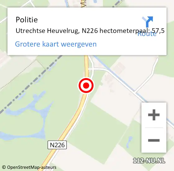 Locatie op kaart van de 112 melding: Politie Utrechtse Heuvelrug, N226 hectometerpaal: 57,5 op 3 oktober 2024 22:24