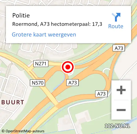 Locatie op kaart van de 112 melding: Politie Roermond, A73 hectometerpaal: 17,3 op 4 oktober 2024 01:29